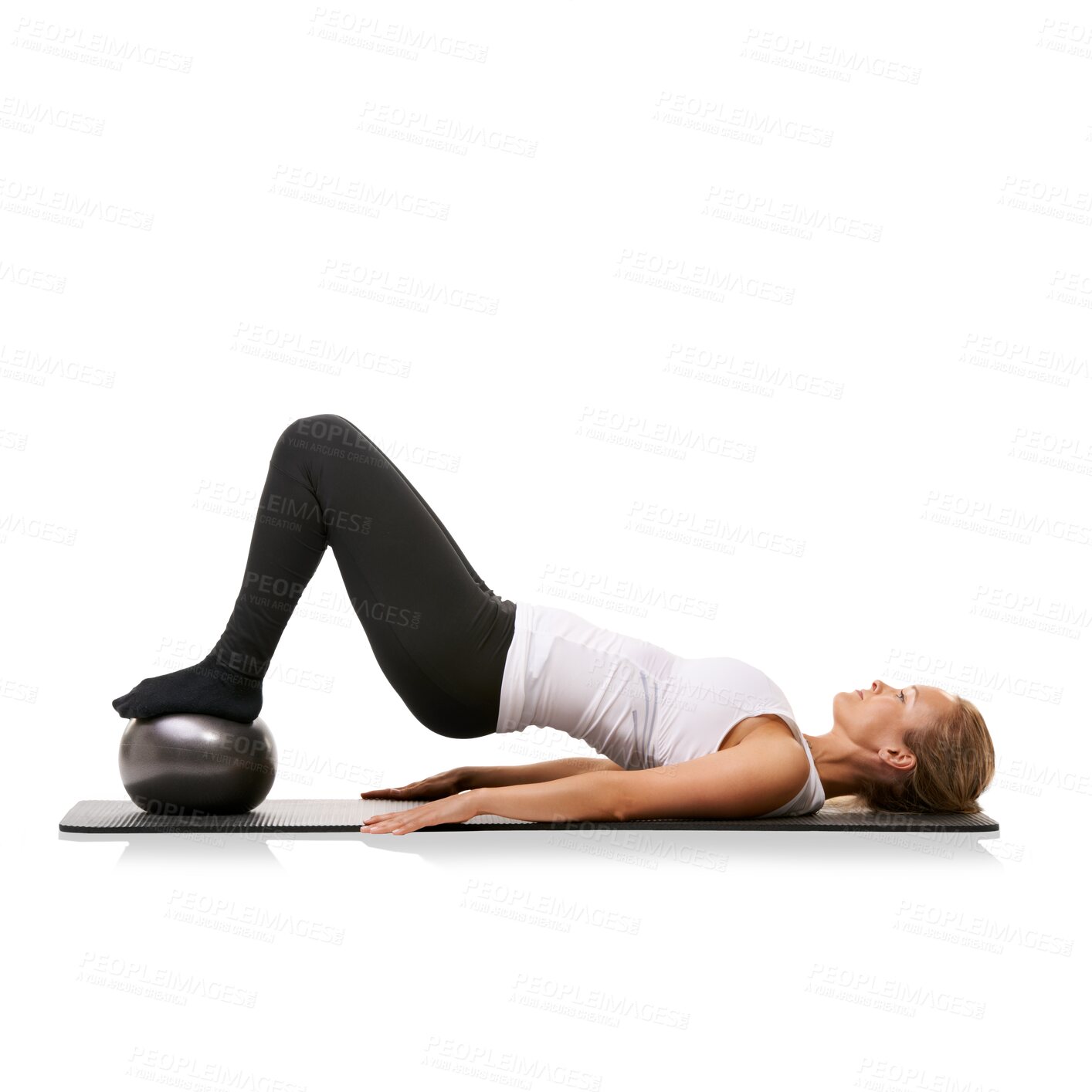 Buy stock photo Ball, exercise and athlete stretching for wellness, health and core strength isolated in a transparent or png background. Training, energy and healthy female person or woman workout for fitness