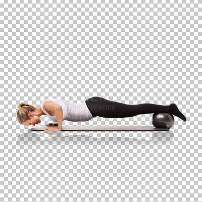 Buy stock photo Ball, workout and athlete training for wellness, health and core strength isolated in a transparent or png background. Pushup, energy and healthy female person or woman exercise for fitness or sport