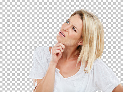 Buy stock photo Decision, woman thinking and confused with doubt isolated on a transparent png background for a question. Choice or selection, idea or problem solving and face of young female person remember