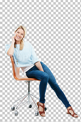 Buy stock photo Portrait, fashion and blonde woman on chair isolated on a transparent png background. Style, smile and female person sitting on seat with casual clothes, fashionable outfit and trendy jeans in Sweden