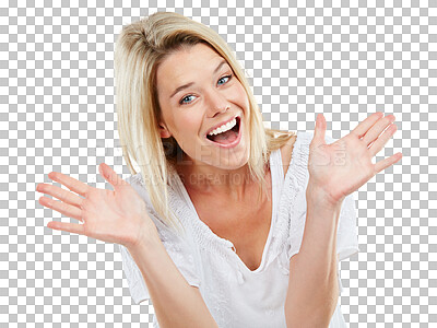 Buy stock photo Happy, surprise and portrait of woman with hands for confidence, empowerment and shock. Smile, excited and a young girl or lady with surprised or wow expression isolated on transparent png background