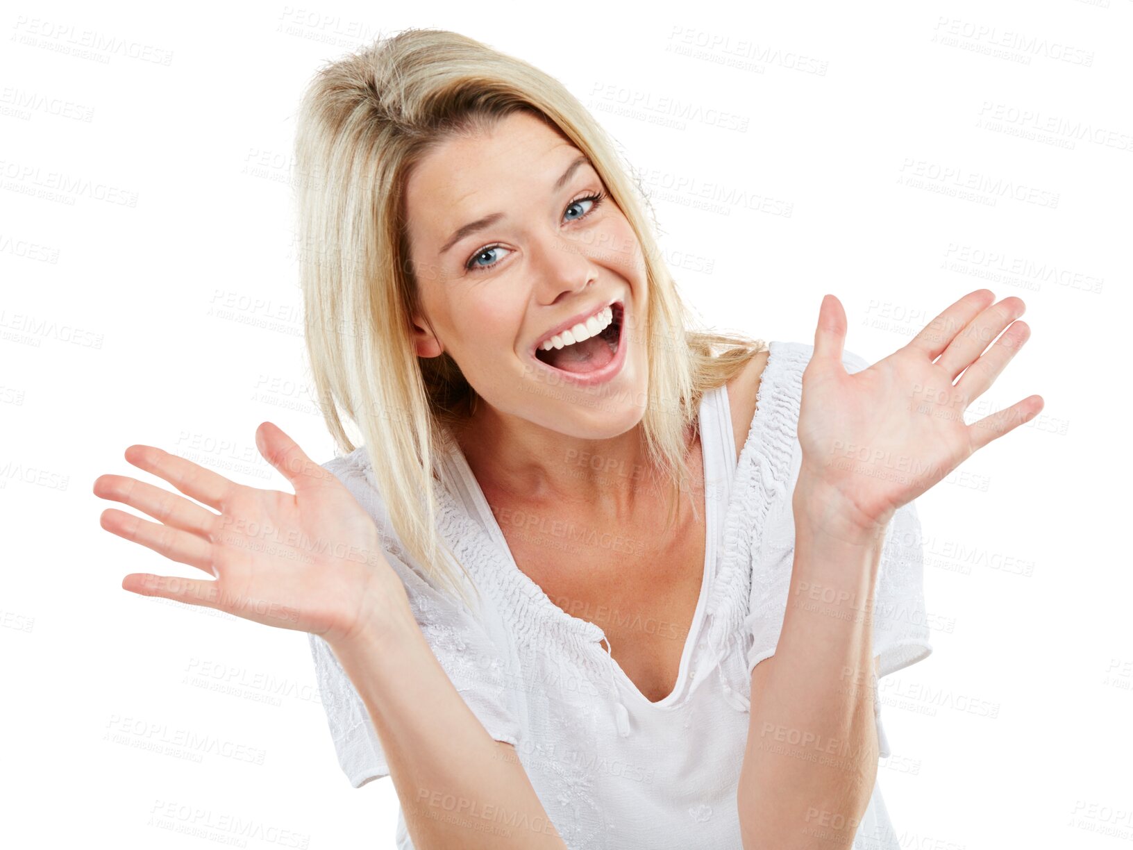 Buy stock photo Happy, surprise and portrait of woman with hands for confidence, empowerment and shock. Smile, excited and a young girl or lady with surprised or wow expression isolated on transparent png background