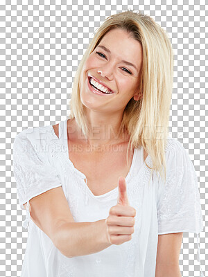 Buy stock photo Thank you, portrait of a woman with her thumbs up and on a transparent png background with smile. Motivation or congratulations, agreement or winner and female person with hand or like emoji gesture