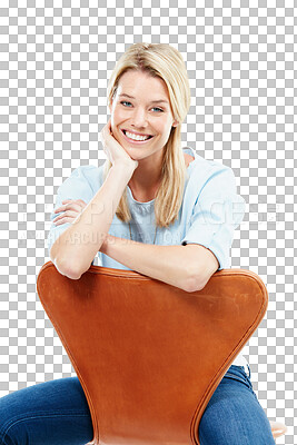 Buy stock photo Portrait, smile and blonde woman on chair isolated on a transparent png background. Style, fashion and female person sitting on seat with casual clothes, fashionable outfit and trendy jeans in Sweden