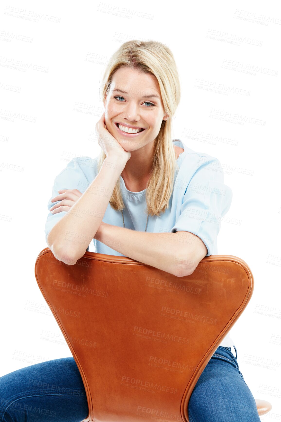 Buy stock photo Portrait, smile and blonde woman on chair isolated on a transparent png background. Style, fashion and female person sitting on seat with casual clothes, fashionable outfit and trendy jeans in Sweden