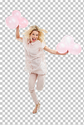 Buy stock photo Happy, balloon and excited with portrait of woman on transparent background for birthday, party and celebration. Surprise, smile and crazy with female person isolated on png for freedom and winner