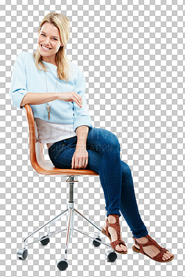 Buy stock photo Portrait, smile and blonde woman on chair isolated on a transparent png background. Style, fashion and happy female person sitting on seat with casual clothes, outfit and trendy jeans in Sweden.