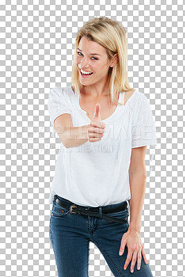 Buy stock photo Portrait, thumbs up and support with a woman isolated on a transparent background for motivation or success. Hand, yes or like and a happy young female posing to say thank you with an emoji on PNG