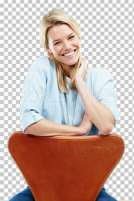 Buy stock photo Portrait, fashion and blonde woman on chair isolated on a transparent png background. Style, smile and female person sitting on seat with casual clothes, fashionable outfit and trendy jeans in Sweden