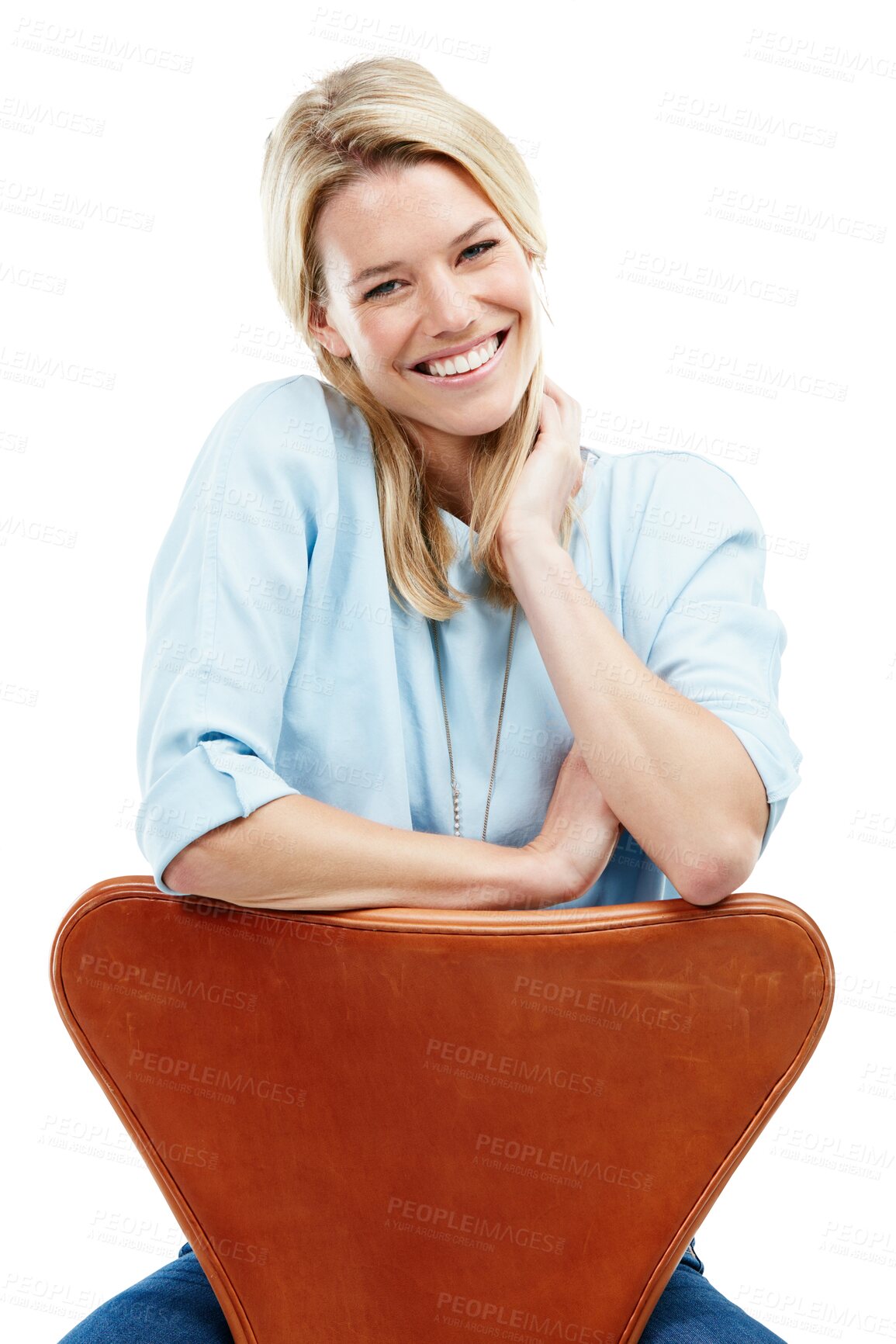 Buy stock photo Portrait, fashion and blonde woman on chair isolated on a transparent png background. Style, smile and female person sitting on seat with casual clothes, fashionable outfit and trendy jeans in Sweden