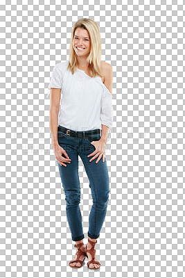 Buy stock photo Happy woman, portrait smile and casual fashion standing isolated on a transparent PNG background. Full body of attractive female person or young model smiling and posing in denim jeans and blond hair