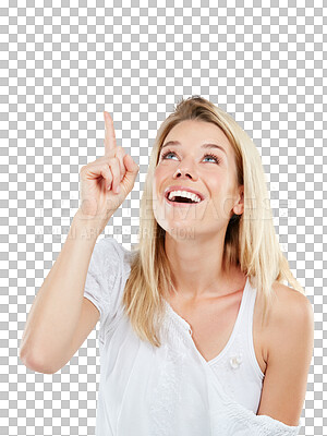 Buy stock photo Woman, excited and pointing finger at advertising space isolated on a transparent, png background. Happy female person with hand sign for promotion, presentation and direction for announcement
