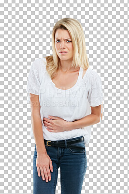 Buy stock photo Pain, sad and portrait of a woman with a stomach ache from a virus, anxiety or constipation. Discomfort, health and a young girl with an upset tummy or problem isolated on transparent png background