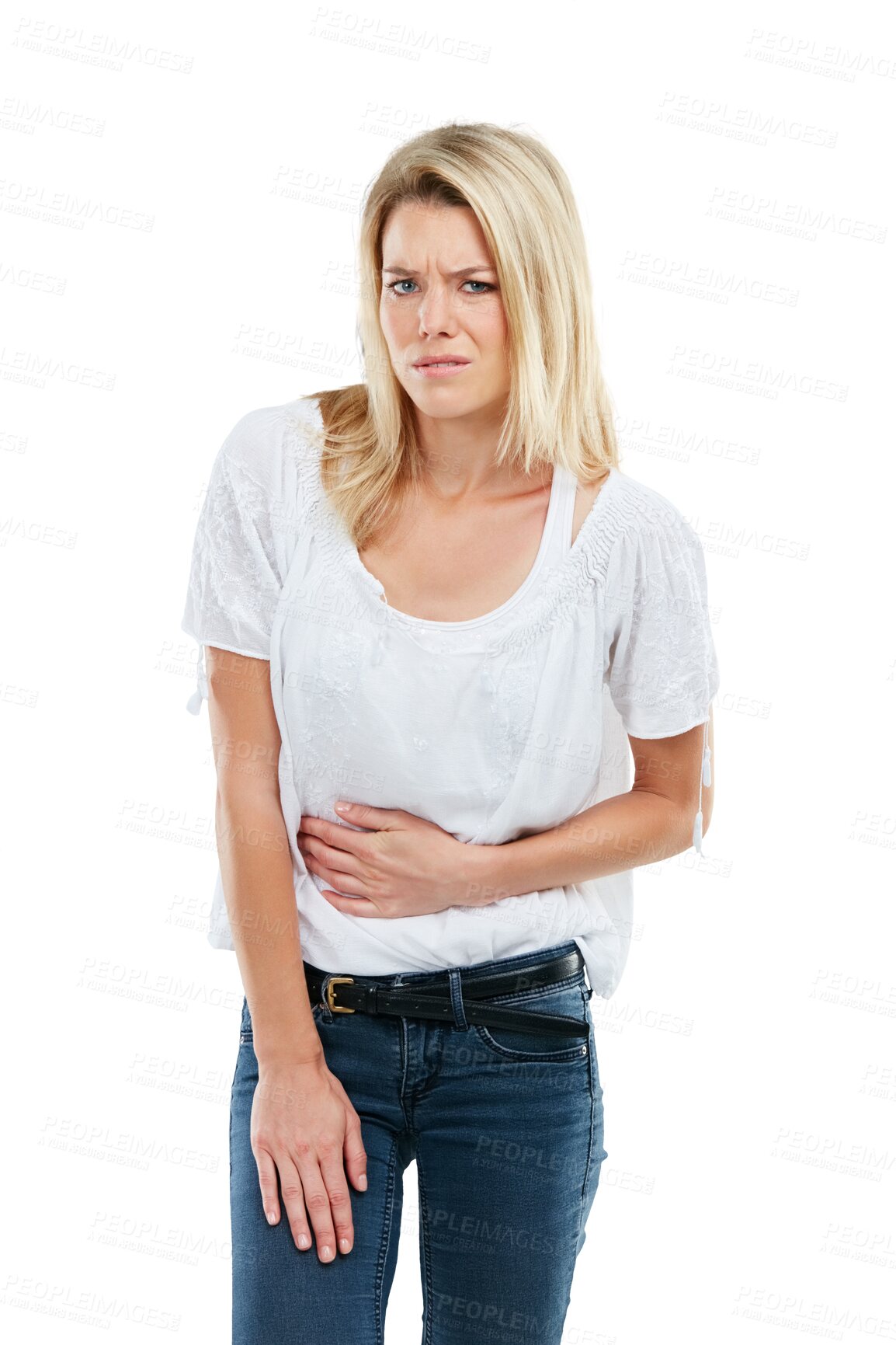 Buy stock photo Pain, sad and portrait of a woman with a stomach ache from a virus, anxiety or constipation. Discomfort, health and a young girl with an upset tummy or problem isolated on transparent png background