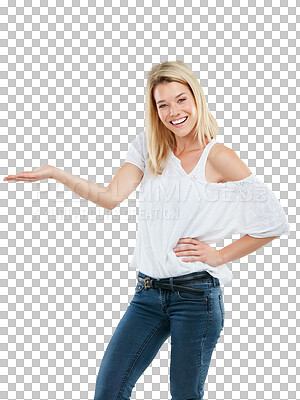 Buy stock photo Happy woman, portrait smile and hand out for advertising standing isolated on a transparent PNG background. Female person smiling in casual fashion showing palm for advertisement, brand or marketing