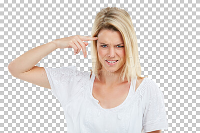 Buy stock photo Thinking of problem, confused and face of woman with frustrated, angry or annoyed expression on isolated, transparent or png background. Portrait, girl or student with question, decision or crisis