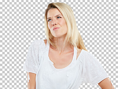 Buy stock photo Thinking, woman and face of confused, frustrated or person with problem on isolated, transparent or png background. Girl, student or model with question, decision or crisis in college or university