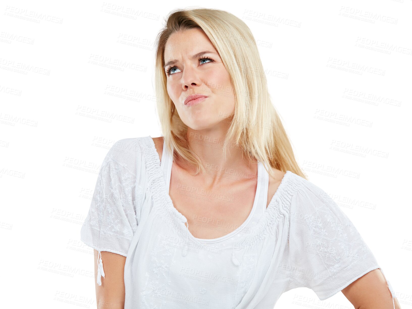 Buy stock photo Thinking, woman and face of confused, frustrated or person with problem on isolated, transparent or png background. Girl, student or model with question, decision or crisis in college or university