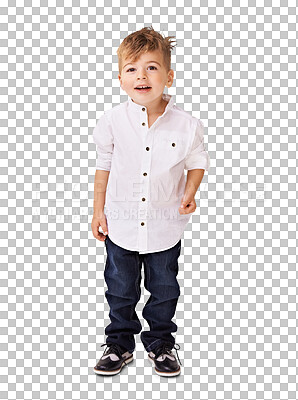 Buy stock photo Happy, child and portrait of toddler with fashion, clothes and casual style for children on transparent, isolated pr png background. Boy, kid and clothing for kids to relax, play or  jeans for baby