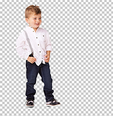 Buy stock photo Cute boy, child and fashion with clothes, happy in cotton shirt and jeans isolated on transparent png background. Young male kid, casual clothing and style with gentleman aesthetic and smile