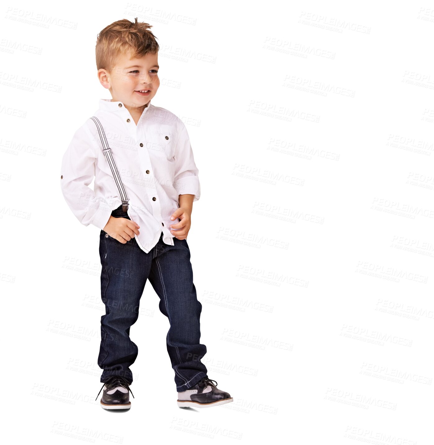 Buy stock photo Cute boy, child and fashion with clothes, happy in cotton shirt and jeans isolated on transparent png background. Young male kid, casual clothing and style with gentleman aesthetic and smile