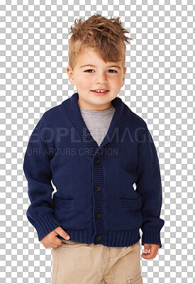 Buy stock photo Happy, cute and a portrait of a child in fashion isolated on a transparent png background. Smile, adorable and a little boy kid with stylish children clothes, fashionable and winter kids style