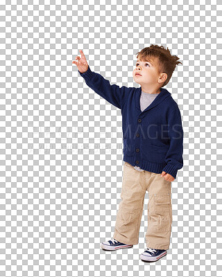 Buy stock photo Thinking, child pointing and reaching isolated on a transparent png background, grab in wonder. Search or dream, future or development and young boy point for growth or learning with hand gesture