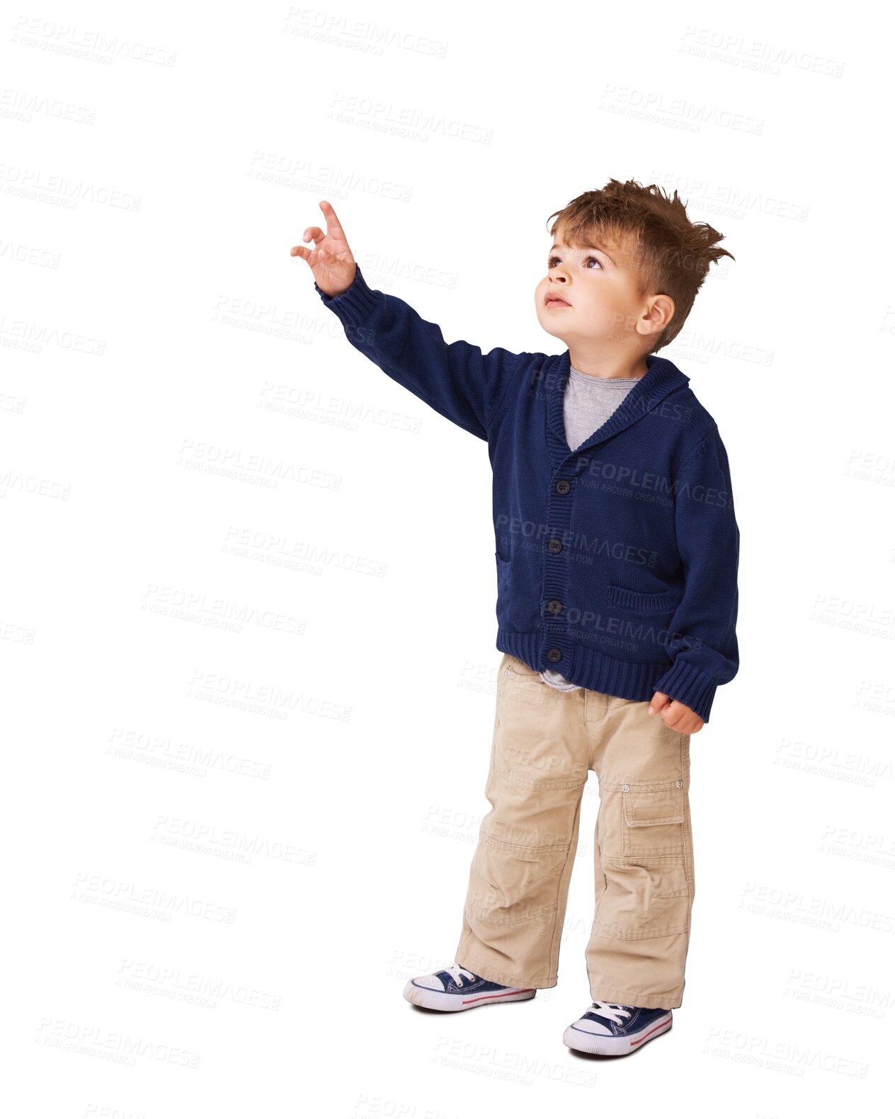 Buy stock photo Thinking, child pointing and reaching isolated on a transparent png background, grab in wonder. Search or dream, future or development and young boy point for growth or learning with hand gesture