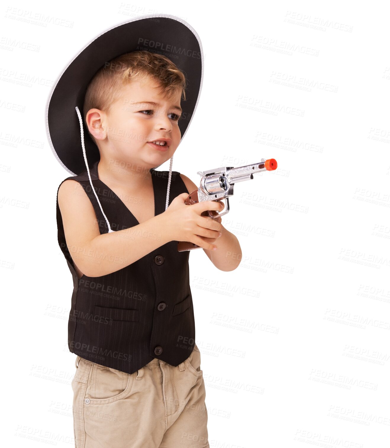 Buy stock photo Cowboy, boy child play with a toy gun and happy isolated against a transparent png background. Character role or imagine, freedom or happiness and young male person playing with a fake weapon