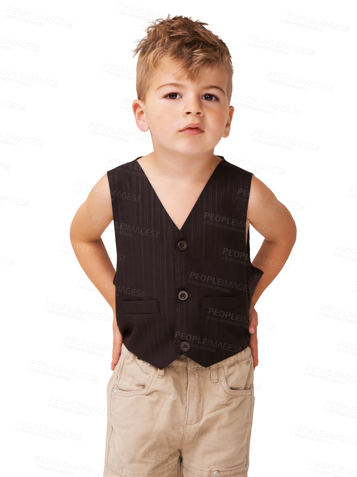 Buy stock photo Portrait, fashion and cute boy or child in casual style for school or education isolated on transparent png background. Kindergarten, young and adorable kid or model from UK in cool vest or clothes