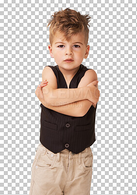 Buy stock photo Fashion, cute and portrait of a boy child posing with crossed arms for confidence and attitude. Youth, sweet and kid or toddler model with formal stylish outfit isolated by transparent png background