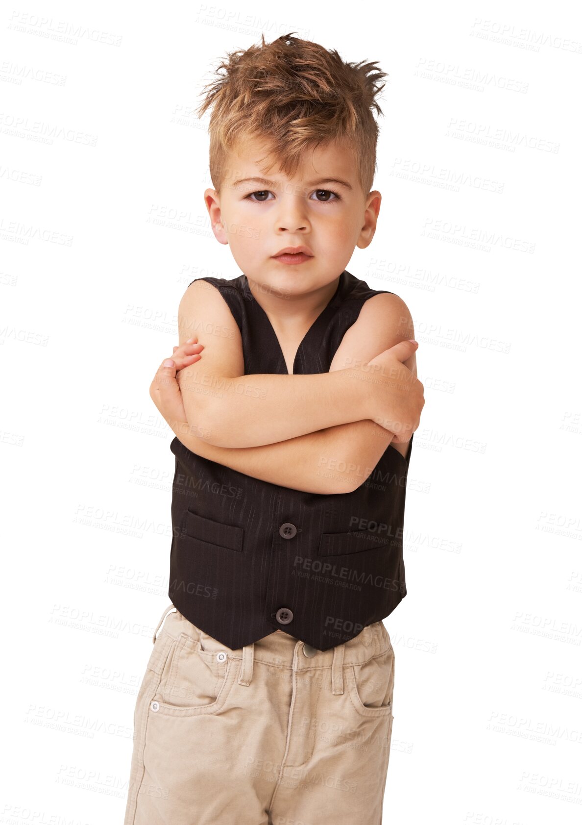 Buy stock photo Fashion, cute and portrait of a boy child posing with crossed arms for confidence and attitude. Youth, sweet and kid or toddler model with formal stylish outfit isolated by transparent png background