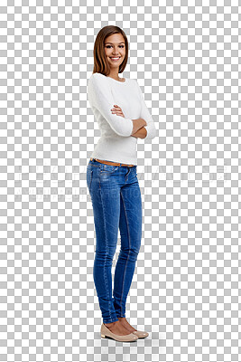 Buy stock photo Portrait, arms crossed and woman with a smile, casual outfit and lady isolated against a transparent background. Happy, female person and model with happiness, fashion and trendy clothes with png