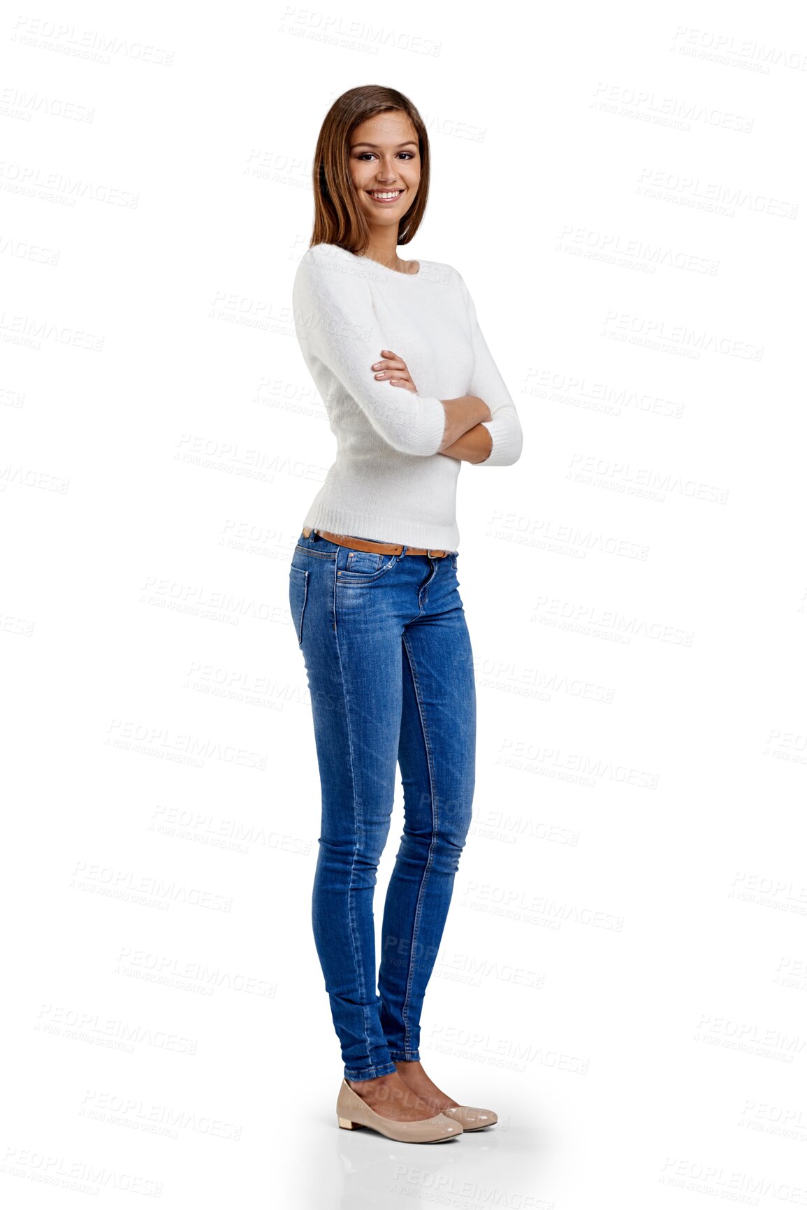 Buy stock photo Portrait, arms crossed and woman with a smile, casual outfit and lady isolated against a transparent background. Happy, female person and model with happiness, fashion and trendy clothes with png