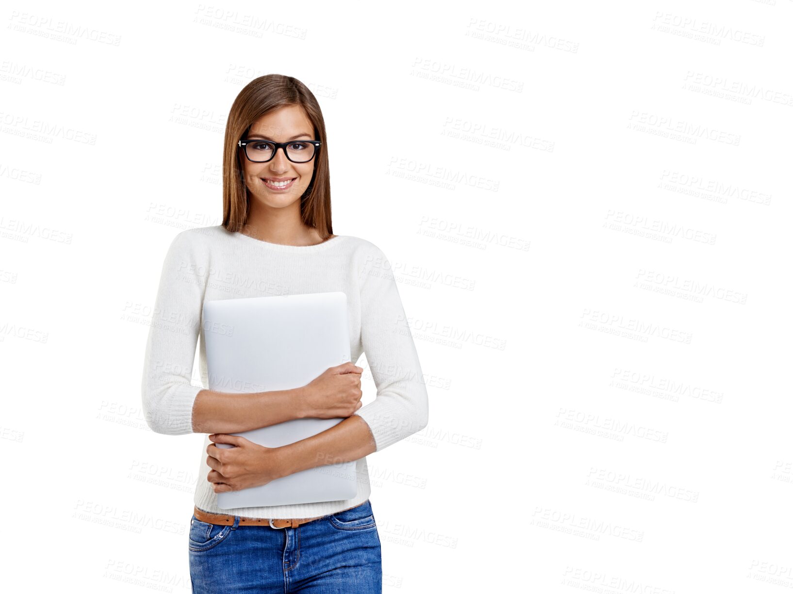 Buy stock photo Young woman, student and laptop with glasses isolated on a transparent, png background for education. Gen z female person with a computer for e learning, online course or scholarship to study