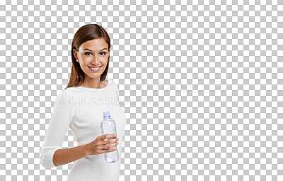 Buy stock photo Water bottle, happy woman and portrait isolated on transparent, png background for health, diet or nutrition. Healthy, drink and liquid product with young person or model for wellness or detox goals