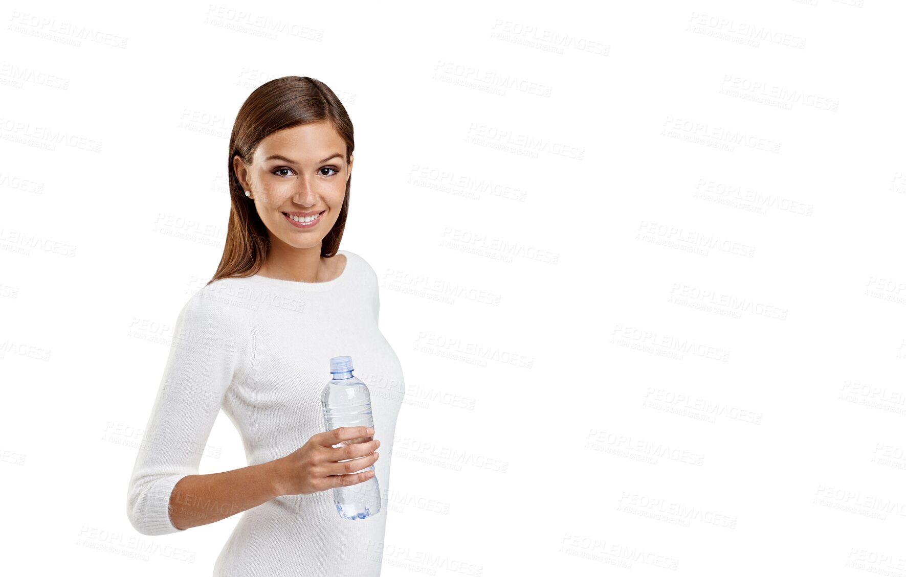 Buy stock photo Water bottle, happy woman and portrait isolated on transparent, png background for health, diet or nutrition. Healthy, drink and liquid product with young person or model for wellness or detox goals