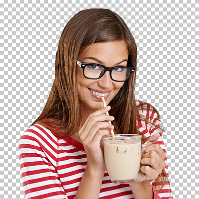 Buy stock photo Milkshake, drinking and happy woman in portrait for fun drink, student coffee break and cafe. Ice tea of college person, customer or model in trendy glasses isolated on transparent png background