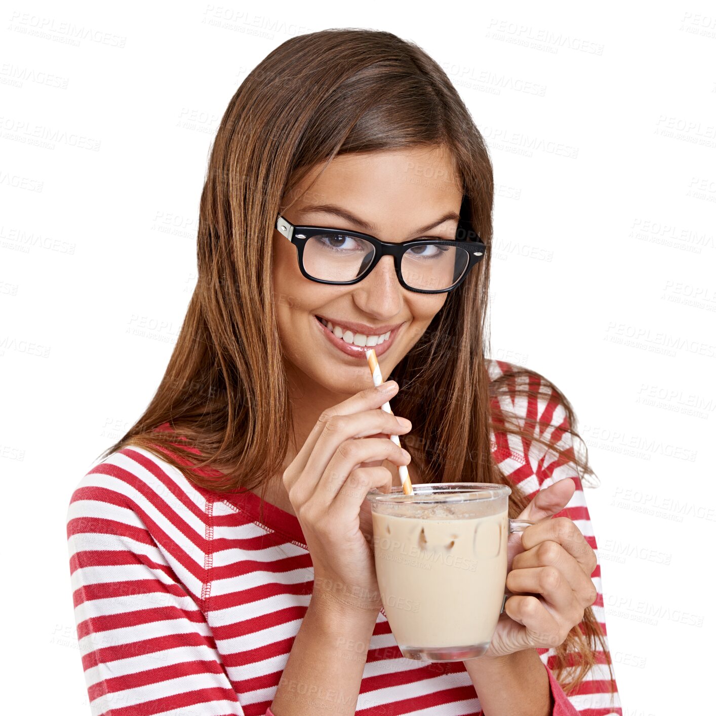 Buy stock photo Milkshake, drinking and happy woman in portrait for fun drink, student coffee break and cafe. Ice tea of college person, customer or model in trendy glasses isolated on transparent png background