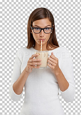 Buy stock photo Ice coffee, milkshake and portrait of woman with drink on isolated, png and transparent background. Thirsty, glass and female person drinking beverage with straw for caffeine, espresso or iced tea