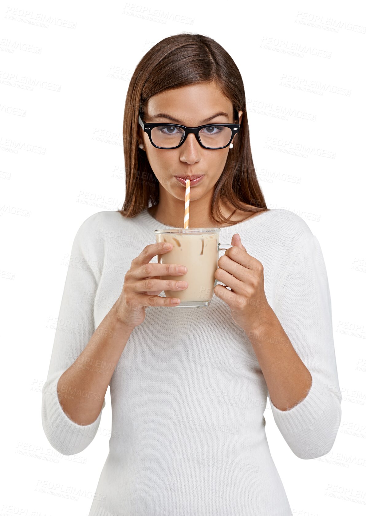 Buy stock photo Ice coffee, milkshake and portrait of woman with drink on isolated, png and transparent background. Thirsty, glass and female person drinking beverage with straw for caffeine, espresso or iced tea