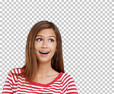 Buy stock photo Surprise, thinking and woman with ideas, opportunity and announcement isolated against a transparent background. Female person, model and girl shocked, good news and wow with omg, png and happiness