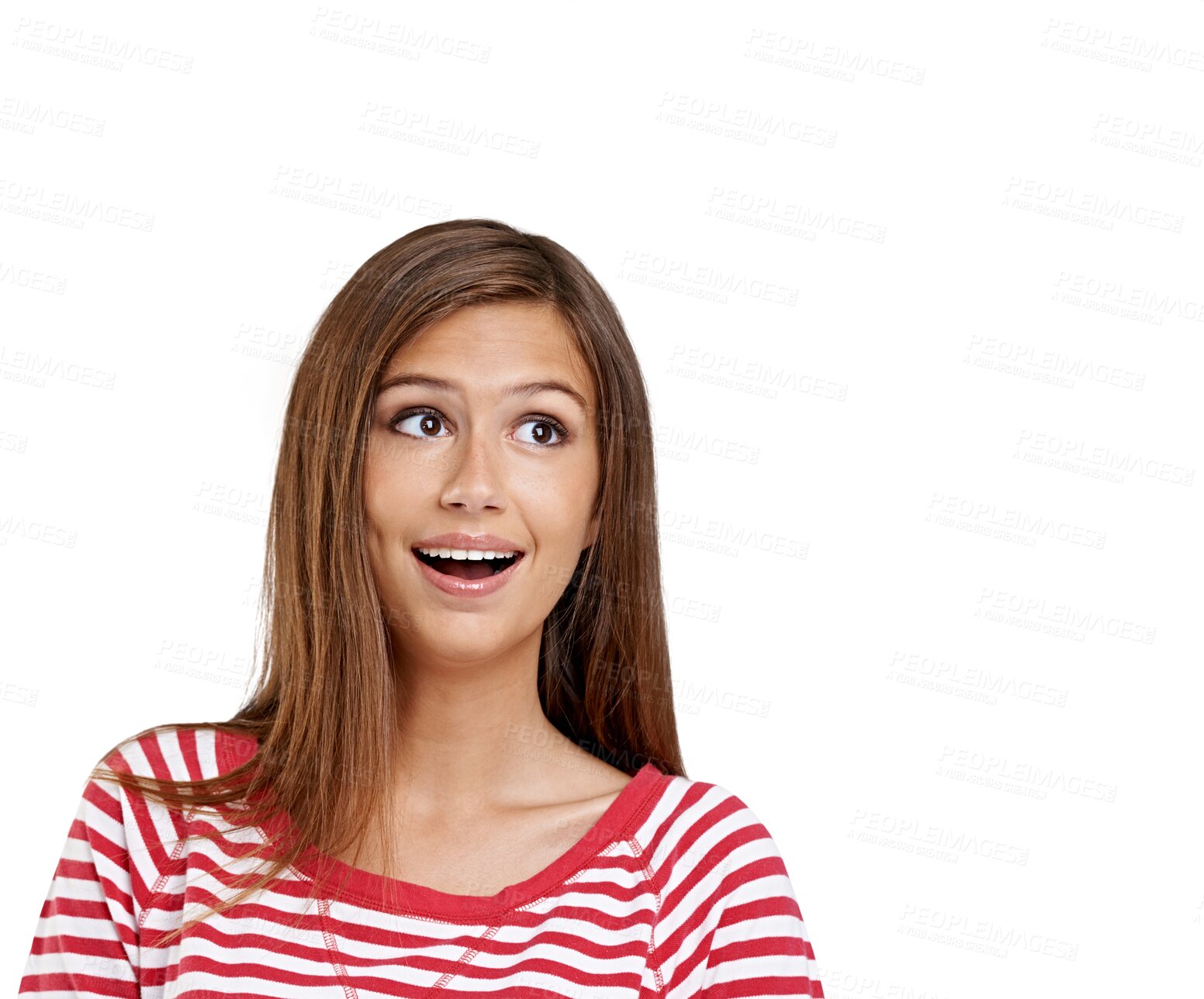 Buy stock photo Surprise, thinking and woman with ideas, opportunity and announcement isolated against a transparent background. Female person, model and girl shocked, good news and wow with omg, png and happiness