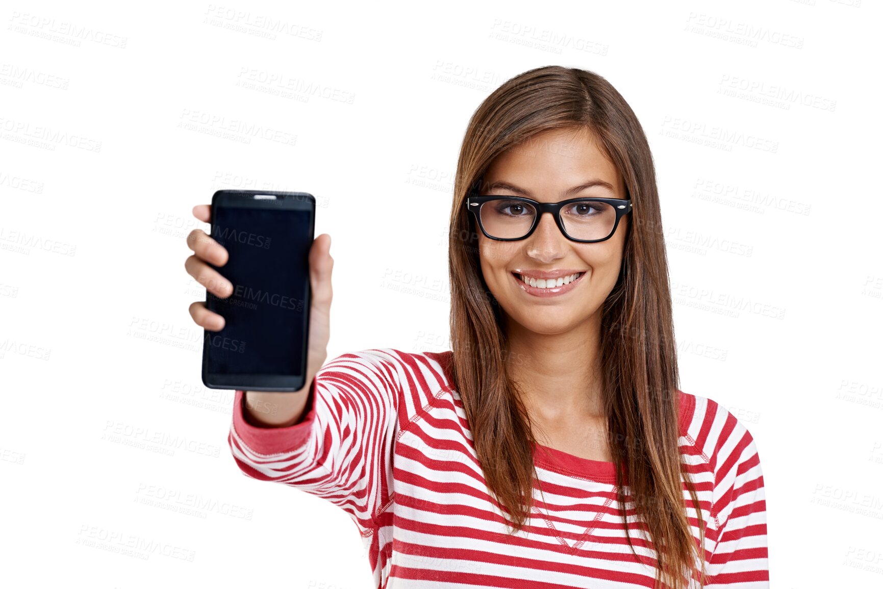 Buy stock photo Happy woman, portrait and phone screen isolated on transparent png background for student mobile app space. University, college or education person with smartphone marketing, Web 3.0 and contact info