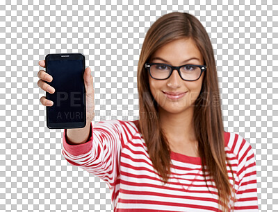 Buy stock photo Woman, portrait and phone screen or space isolated on transparent png background for college mobile app. University student or person with smartphone marketing, Web 3.0 and internet or contact info