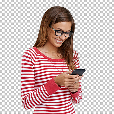 Buy stock photo Phone, reading and happy woman or student on social media, university email or chat isolated on transparent png background. Mobile, contact or person typing, college website and education information