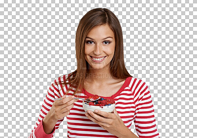 Buy stock photo Portrait, smile and woman with berries, eating and model isolated against a transparent background. Face, female person and girl with fruit, healthy snack and nutrition with diet, happiness and png