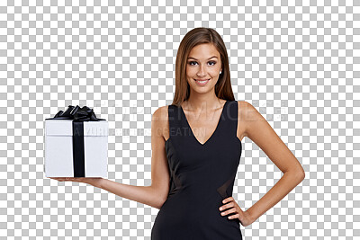 Buy stock photo Portrait, smile and woman with a box, gift and elegant model isolated on a transparent background. Female person, girl and present with promotion, package and parcel with happiness, png and giveaway