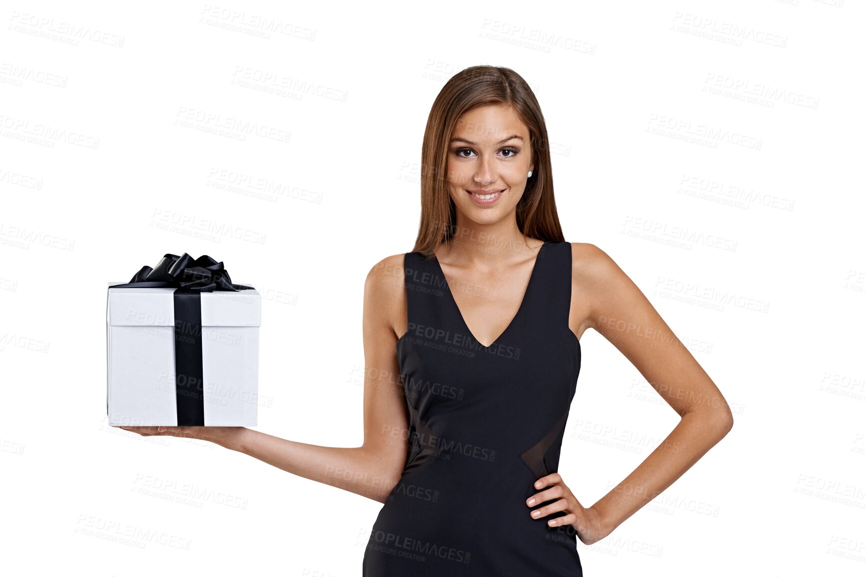 Buy stock photo Portrait, smile and woman with a box, gift and elegant model isolated on a transparent background. Female person, girl and present with promotion, package and parcel with happiness, png and giveaway