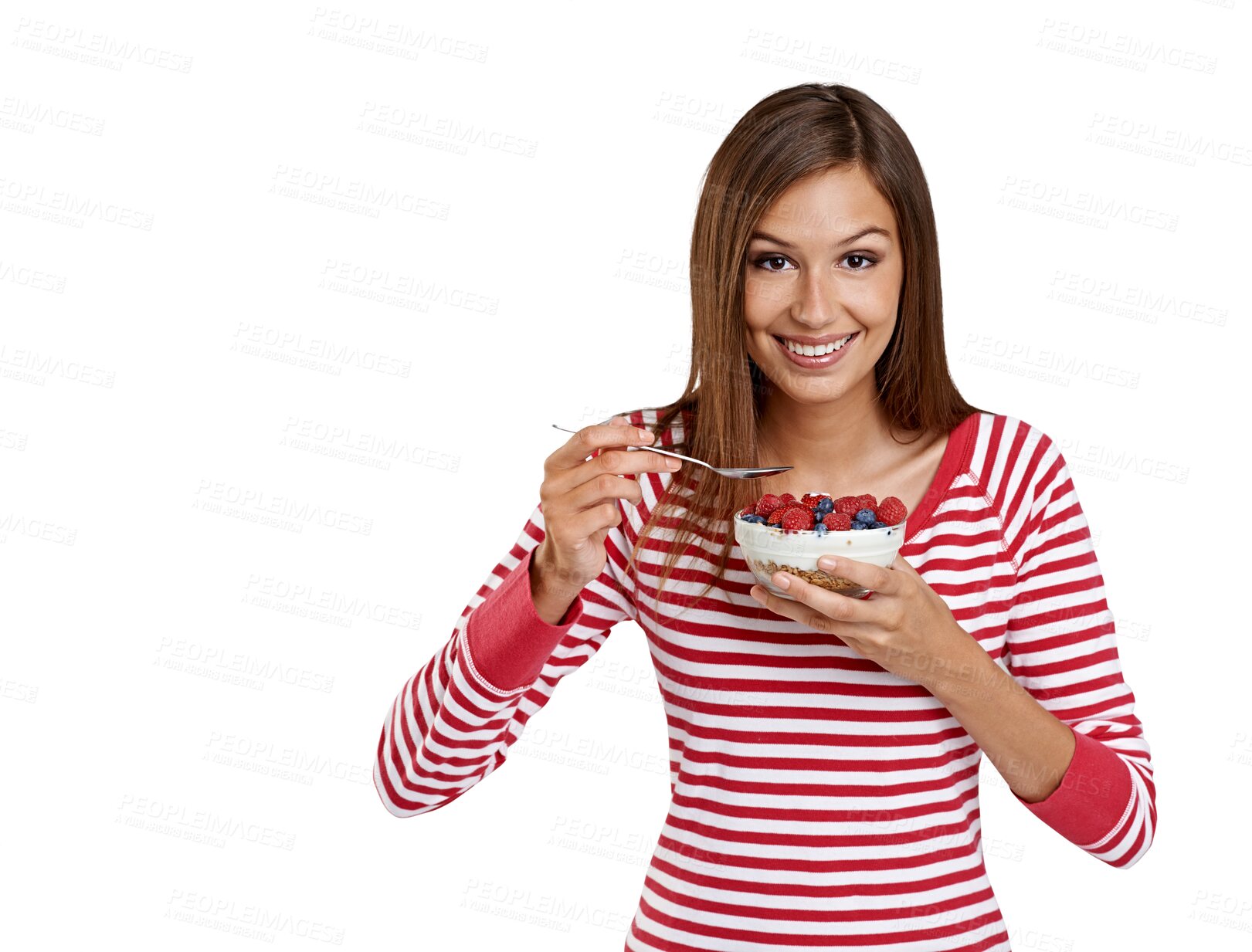 Buy stock photo Portrait, nutrition and woman with berries, eating and model isolated against a transparent background. Face, female person or girl with fruit, healthy snack and wellness with diet, breakfast and png